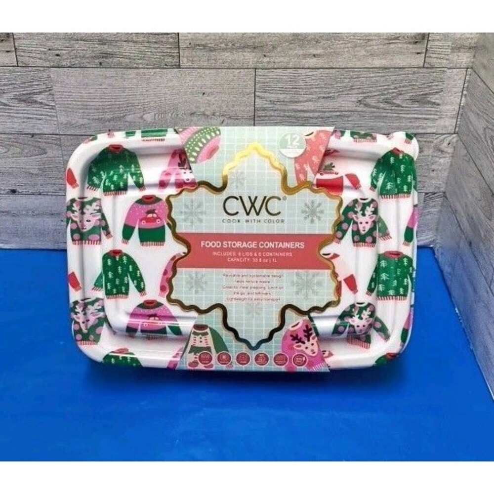 CWC Christmas Food Storage 33.8 oz. Containers & Lids with Sweater 12 Pieces New